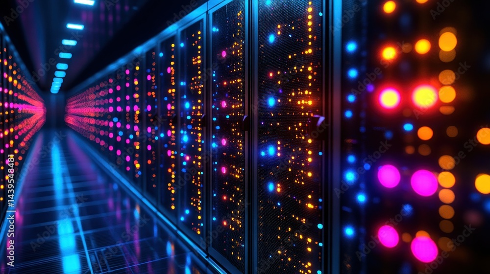 Poster glowing server room with rows of data processing equipment