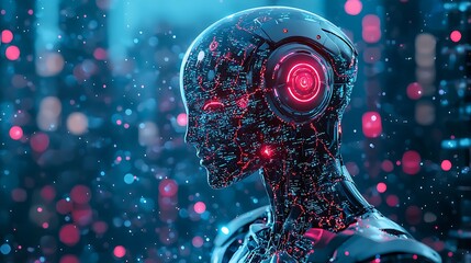 Futuristic Robot Head with Digital Circuitry and Neon Lights in a Sci-Fi Environment