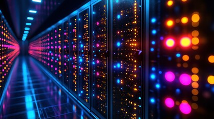 Glowing server room with rows of data processing equipment