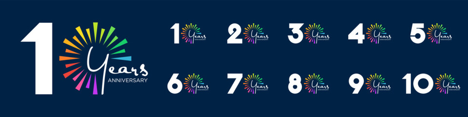 set of 10 to 100th anniversary logotype design, with colorful fireworks for celebration event, wedding, and birthday, vector illustration