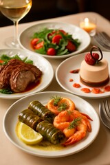 A vibrant and detailed close-up of a luxurious food spread, featuring a variety of dishes with intricate textures and colors.
