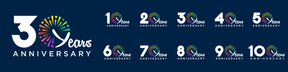 set of 10 to 100th anniversary logotype design, with colorful fireworks for celebration event, wedding, and birthday, vector illustration
