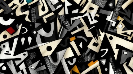 Obraz premium Abstract Geometric Composition with Black, White, Gray, and Accent Colors on Paper Art Craft Style