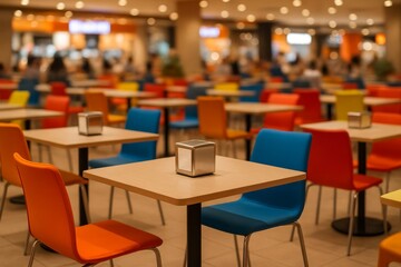 A modern, vibrant food court with colorful chairs and tables, a close-up of a few empty tables, each with a napkin dispenser in the center.