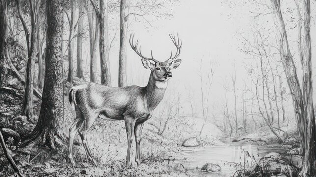 A pencil drawing of a deer in a forest