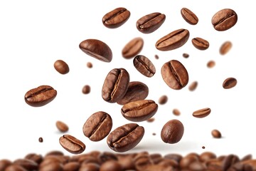 Falling Realistic Coffee Beans Isolated on Transparent Background with Rich Texture.