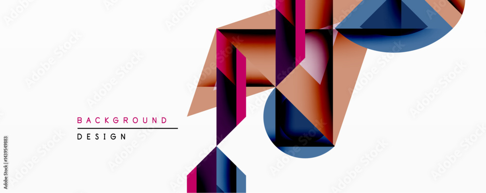 Poster abstract geometric design features overlapping shapes, gradients. warm tones dominate with cool blue