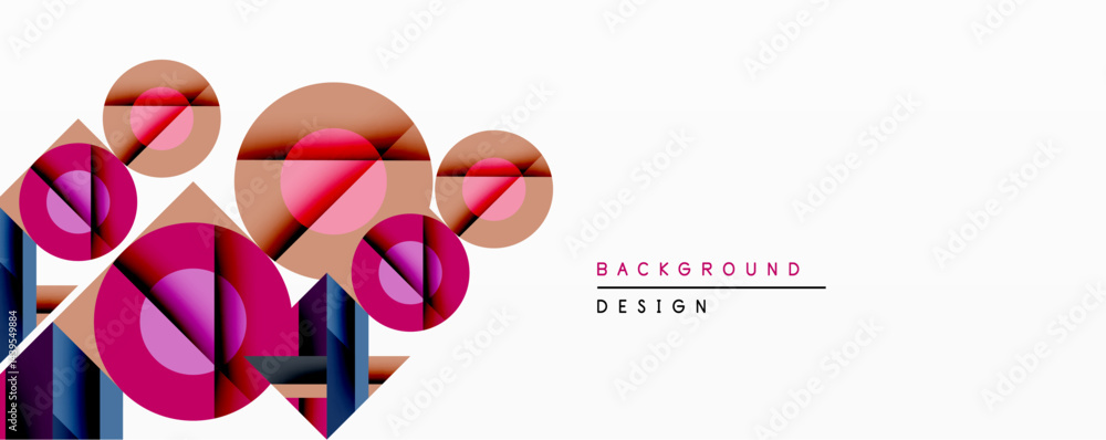 Fototapete Abstract geometric composition. Overlapping circles create dynamic visual effect. Shades of pink, brown, blue present modern aesthetic. Minimalist design suitable for backgrounds.