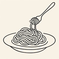 A close-up shot of a minimalistic line art drawing of a plate of spaghetti with a fork twirling the noodles.