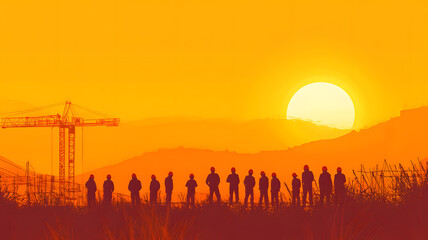 Silhouette of workers at sunset with construction crane in the background

