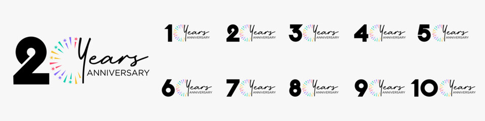 set of 10 to 100th anniversary logotype design, with colorful fireworks for celebration event, wedding, and birthday, vector illustration