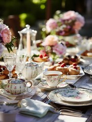 Fototapeta premium Cute outdoor brunch with pretty dishes, tasty treats, bloom accents, and fun chats.