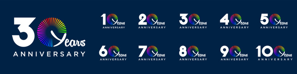 Naklejka premium set of 10 to 100th anniversary logotype design, with colorful fireworks for celebration event, wedding, and birthday, vector illustration