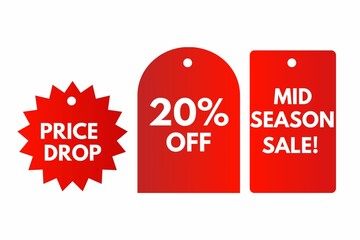  sale tags, price drop, mid season sale, 20% off, sales labels, stickers with sale discount text. Sale tags and labels. Template, banner, tags, shopping badges, labels, discount price, tags