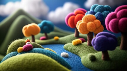 Colorful felt landscape with hills, trees, and a river; whimsical miniature world