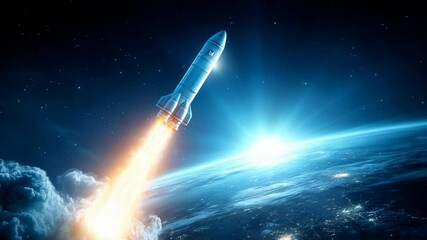 Rocket ship launching from Earth with exhaust flames during an early morning sunrise over space and planet in the distance.