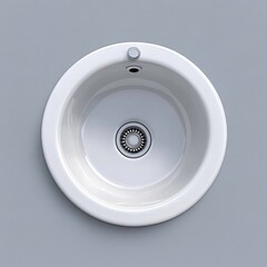White circular sink with modern drain design seen from above in a minimalist setting