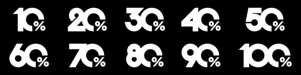 Fototapeta premium set of collection of discount numbers white color, Sale icons or tags with 10, 20, 30, 40, 50, 60, 70, 80, 90 percent discount. Vector illustration.
