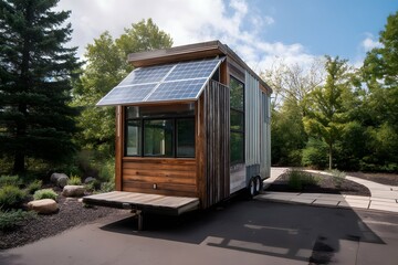 Eco-friendly tiny house featuring solar power, natural materials, and modern design.