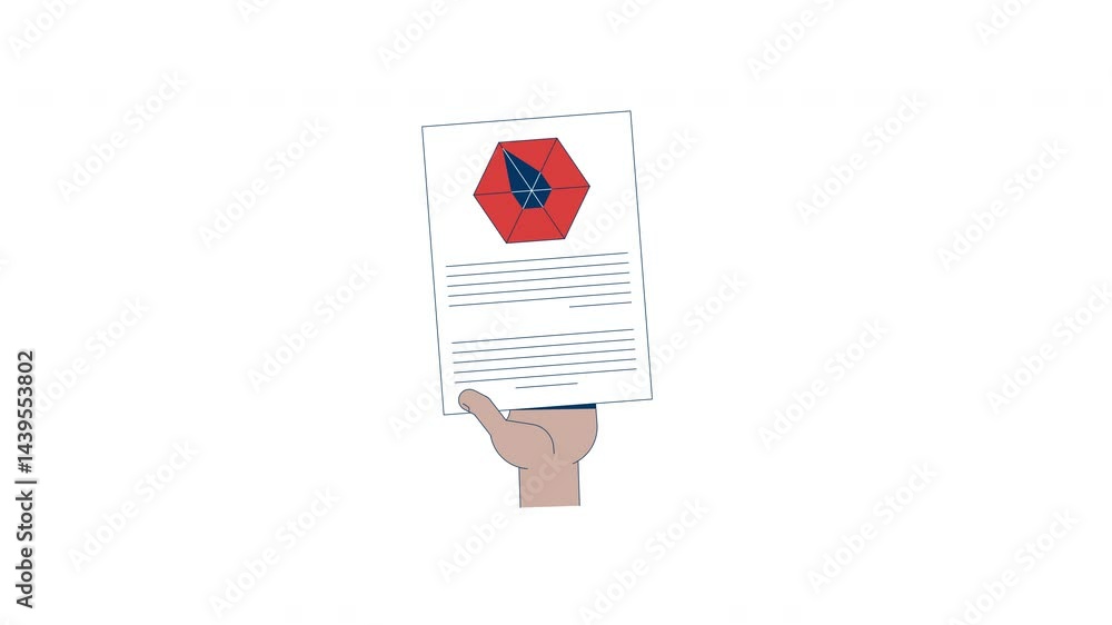 Aufkleber hand holding hexagonal data diagram report 2d animation. hexagon radar chart inhand. insight deliver
