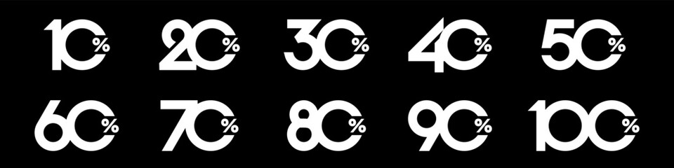 set of collection of discount numbers white color, Sale icons or tags with 10, 20, 30, 40, 50, 60, 70, 80, 90 percent discount. Vector illustration.