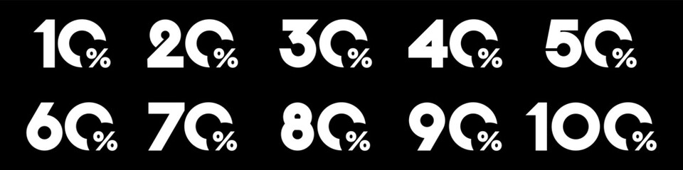 set of collection of discount numbers white color, Sale icons or tags with 10, 20, 30, 40, 50, 60, 70, 80, 90 percent discount. Vector illustration.