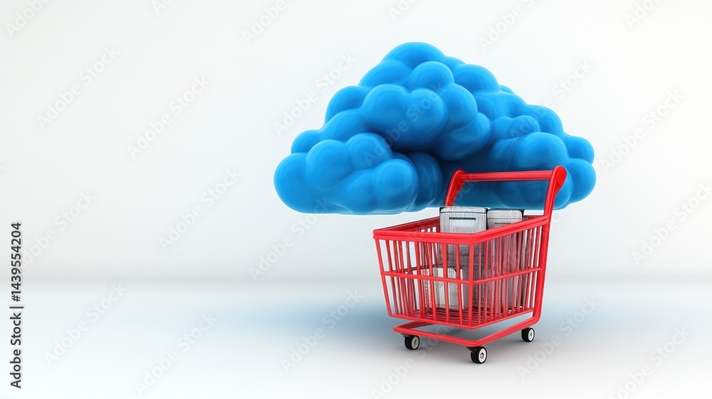 Poster shopping cart with data in the cloud; online shopping concept for it service