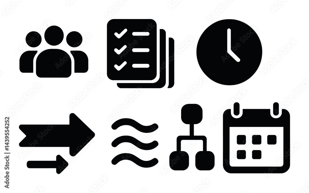 Poster business and productivity solid icons set – filled style for workflow, management, and organization: