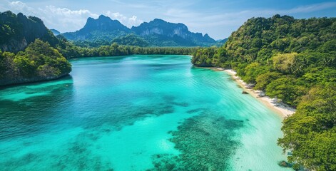 Fototapeta premium Serene Tropical Beach with Crystal Clear Water and Lush Green Mountains Surrounding Calm Lagoon on a Bright Sunny Day