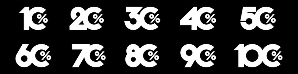 set of collection of discount numbers white color, Sale icons or tags with 10, 20, 30, 40, 50, 60, 70, 80, 90 percent discount. Vector illustration.