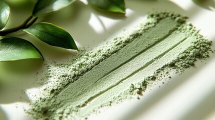 Green powder line with leaves on a textured surface