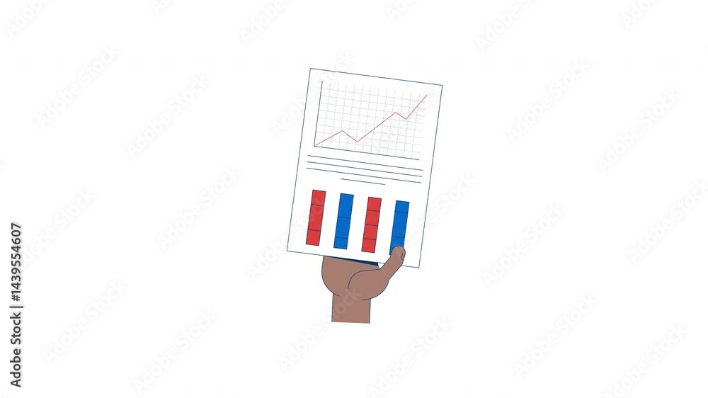 Poster hand holding line chart and column graphs infographic report 2d animation. corporate paperwork. perf