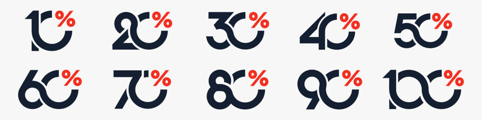 set of collection of discount numbers, Sale icons or tags with 10, 20, 30, 40, 50, 60, 70, 80, 90 percent discount. Vector illustration.