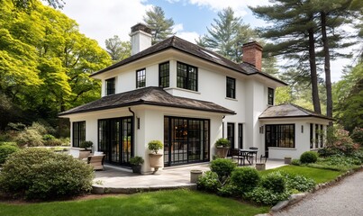 Modern white house with black windows and a patio, nestled in a lush garden.  Ideal for showcasing contemporary architecture and landscaping