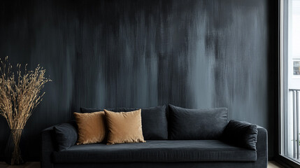 Modern Dark Living Room With Stylish Decor and Cozy Design Elements. Perfect for showcasing contemporary interior design and creating a cozy yet sophisticated ambiance.