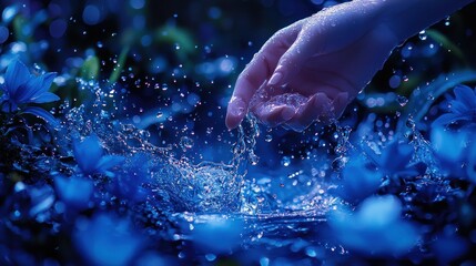 Fototapeta premium Hand touches water, flowers & light, splash effect