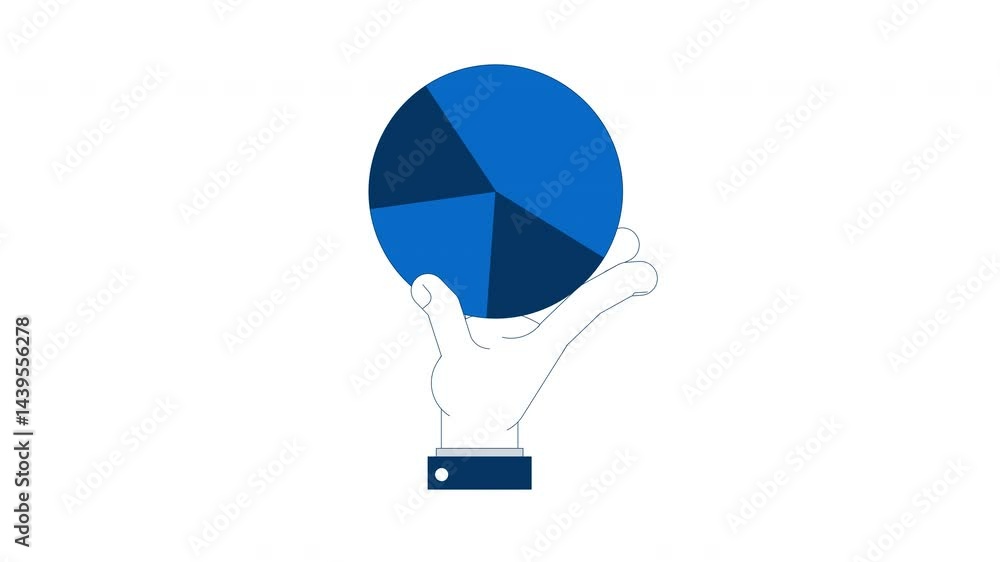 Poster hand holding rotating pie chart segments 2d animation. market share. analytics business piechart. da
