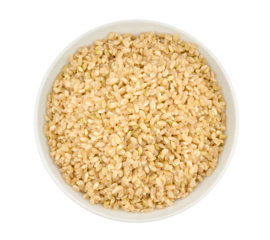 top view flat lay dry brown short grain unpolished rice or Japanese brown rice in white ceramic bowl cutout