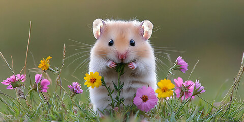 Fototapeta premium cute hamster exploring a field of tall grass with colorful flowers, adventurous spirit, meadow