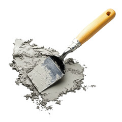 A trowel resting on a pile of fresh concrete mix. transparent background