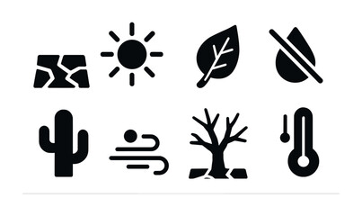 Environmental awareness solid icons set – silhouette style nature, climate change, and sustainability symbols: drought, sun, leaf, water drop, cactus, wind, tree, thermometer.