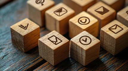 Minimal wooden cubes with engraved phone, email, and address symbols in a grid layout.