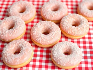 soft pink sugar donuts on the red gingham fabric