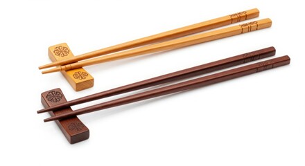 Two pairs of wooden chopsticks with chopstick rests on white backdrop