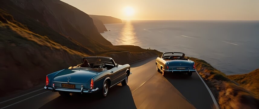 Classic convertible cars steaming down coastal cliff roads at sunrise. Extremely detailed high resolution illustration.