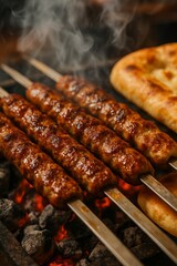 A close-up shot of skewers of sizzling kebabs being grilled over hot charcoal.