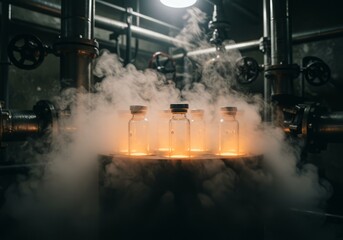 Vials with experimental substance in chemical laboratory with smoke effect