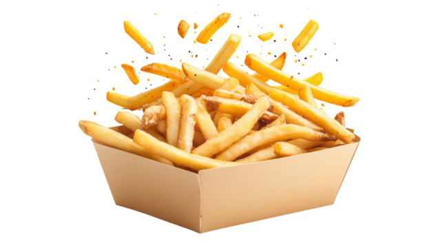 Freshly cooked french fries are spilling out of a container, PNG, created with Generative AI