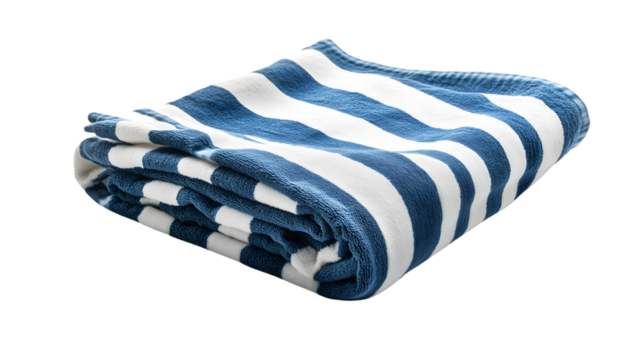 Blue and white striped towel adds summer vibes, PNG, created with Generative AI