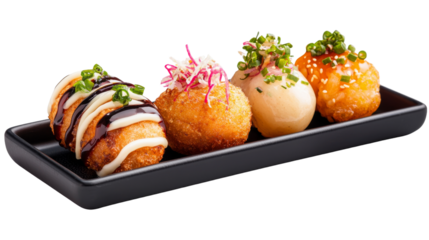 Gourmet Platter of Four Distinct Fried Snacks with Colorful Toppings on a Sleek Black Tray
